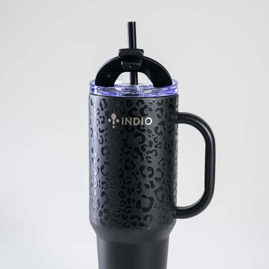 VASO TERMICO AC.INOX.C/MANIJA Y PAJITA 1,1L LEOPARDO NEGRO VIAJERO